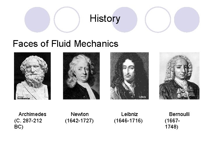 History Faces of Fluid Mechanics Archimedes (C. 287 -212 BC) Newton (1642 -1727) Leibniz