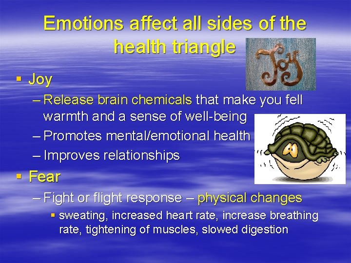 Emotions affect all sides of the health triangle § Joy – Release brain chemicals Emotions affect all sides of the health triangle § Joy – Release brain chemicals