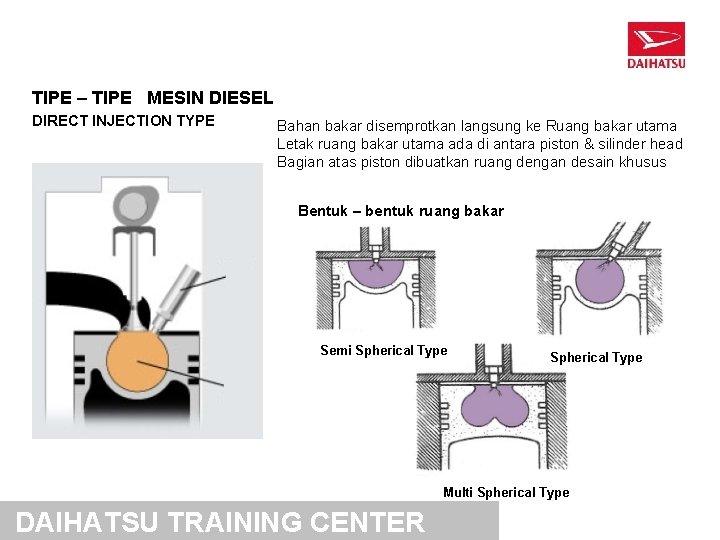 TIPE – TIPE MESIN DIESEL DIRECT INJECTION TYPE Bahan bakar disemprotkan langsung ke Ruang