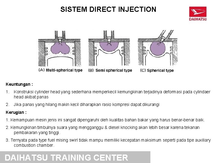 SISTEM DIRECT INJECTION Keuntungan : 1. Konstruksi cylinder head yang sederhana memperkecil kemungkinan terjadinya