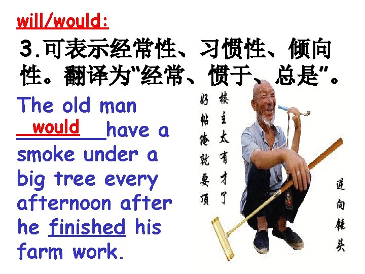 will/would: 3. 可表示经常性、习惯性、倾向 性。翻译为“经常、惯于、总是”。 The old man would _______have a smoke under a big