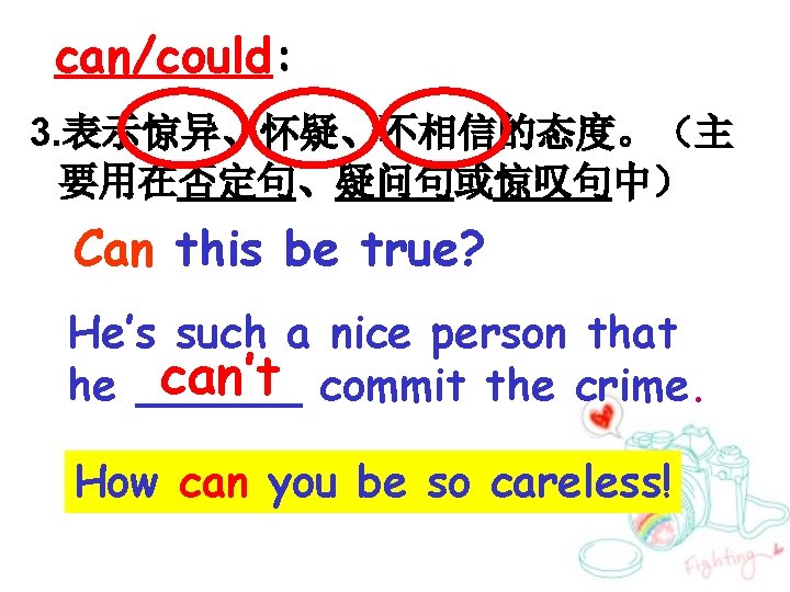 can/could: 3. 表示惊异、怀疑、不相信的态度。（主 要用在否定句、疑问句或惊叹句中） Can this be true? He’s such a nice person that