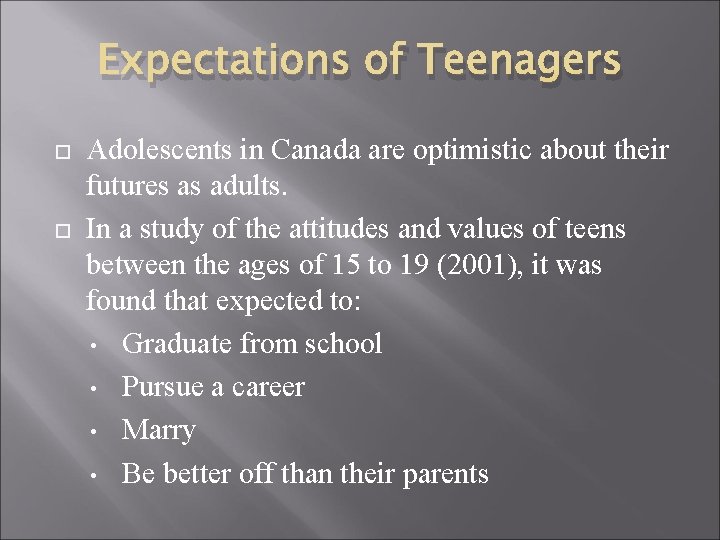 Expectations of Teenagers Adolescents in Canada are optimistic about their futures as adults. In