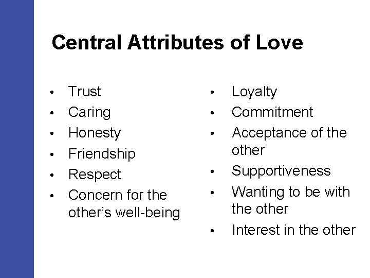 Central Attributes of Love • • • Trust Caring Honesty Friendship Respect Concern for