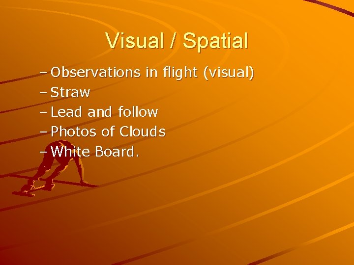 Visual / Spatial – Observations in flight (visual) – Straw – Lead and follow