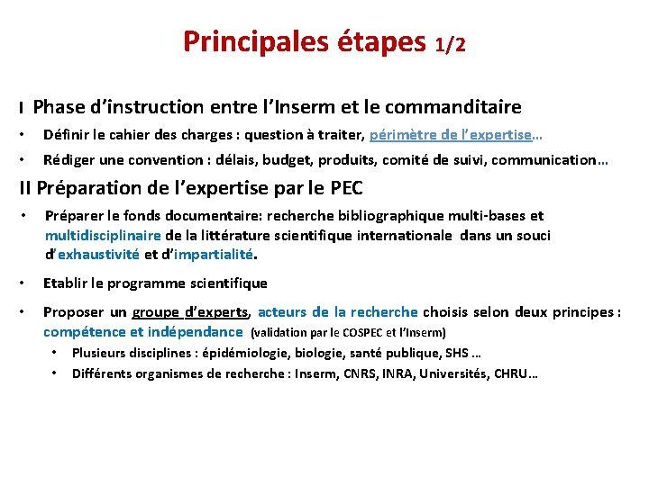 Principales étapes 1/2 I • • Phase d’instruction entre l’Inserm et le commanditaire Définir
