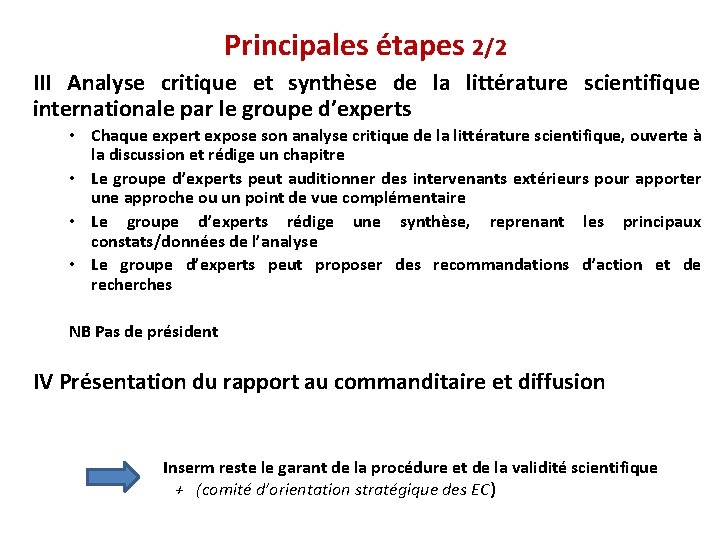 Principales étapes 2/2 III Analyse critique et synthèse de la littérature scientifique internationale par