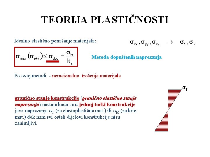 TEORIJA PLASTIČNOSTI Idealno elastično ponašanje materijala: Metoda dopuštenih naprezanja Po ovoj metodi - neracionalno