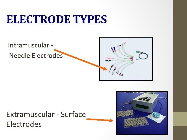 ELECTRODE TYPES Intramuscular Needle Electrodes Extramuscular - Surface Electrodes 