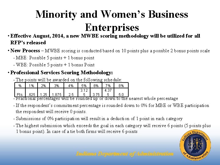 Minority and Women’s Business Enterprises • Effective August, 2014, a new MWBE scoring methodology