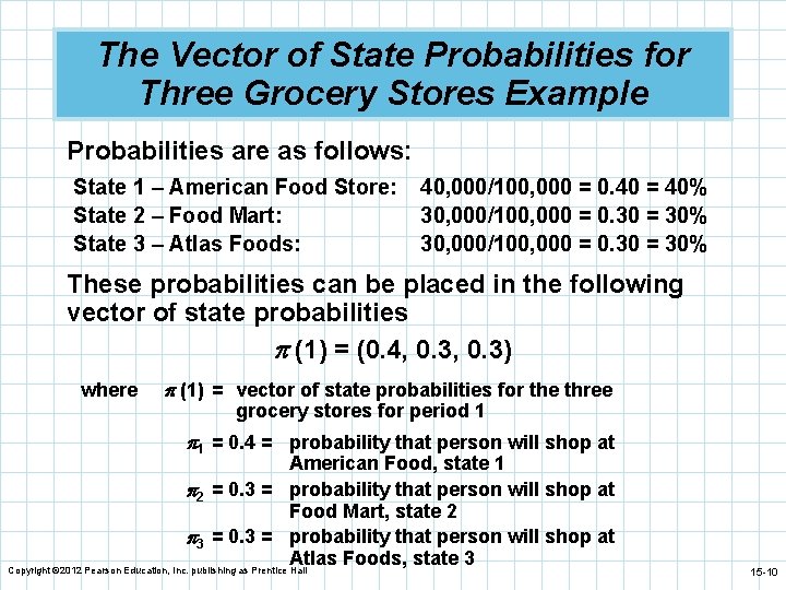 The Vector of State Probabilities for Three Grocery Stores Example Probabilities are as follows: