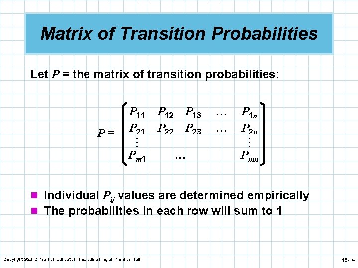 Matrix of Transition Probabilities Let P = the matrix of transition probabilities: Pm 1