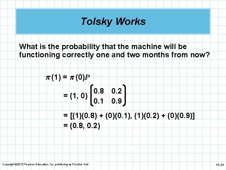 Tolsky Works What is the probability that the machine will be functioning correctly one