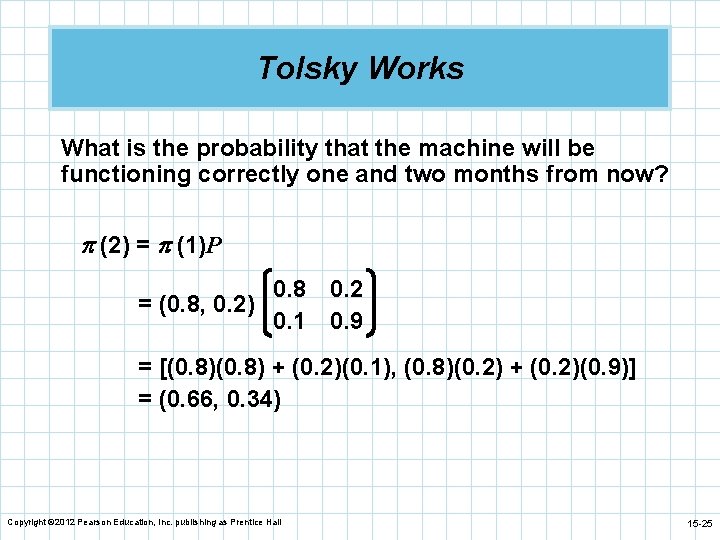 Tolsky Works What is the probability that the machine will be functioning correctly one