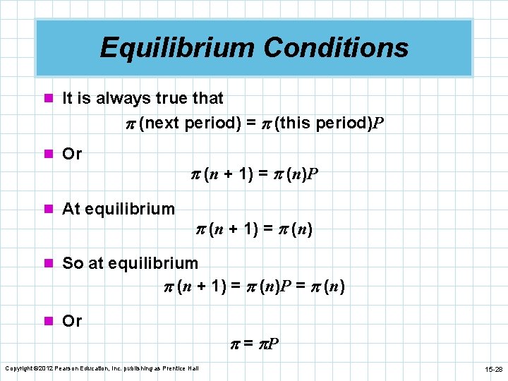 Equilibrium Conditions n It is always true that (next period) = (this period)P n