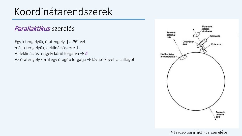 Koordinátarendszerek Parallaktikus szerelés A távcső parallaktikus szerelése 