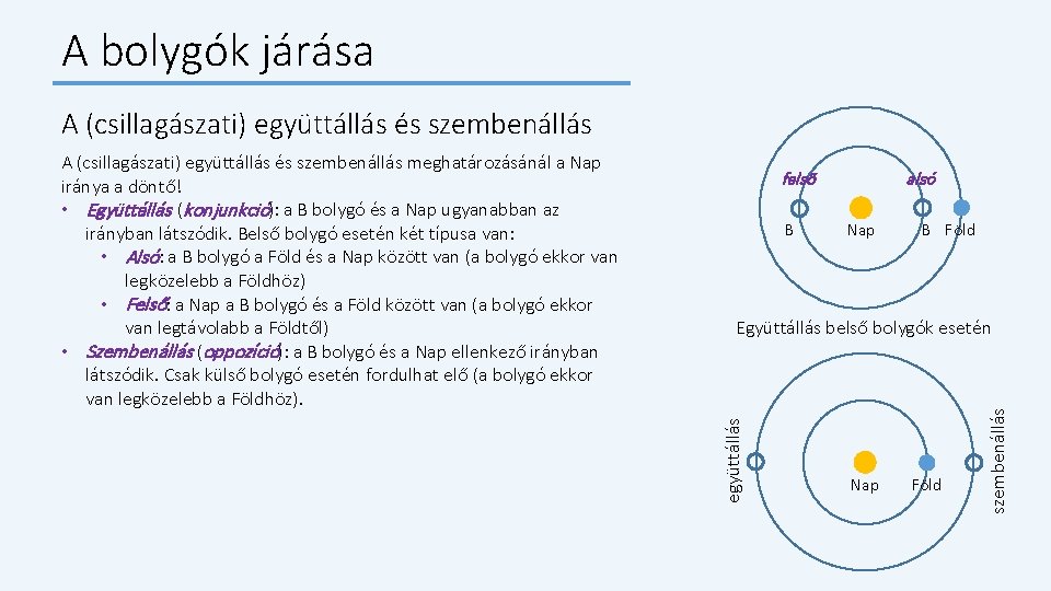 A bolygók járása A (csillagászati) együttállás és szembenállás felső B alsó Nap B Föld