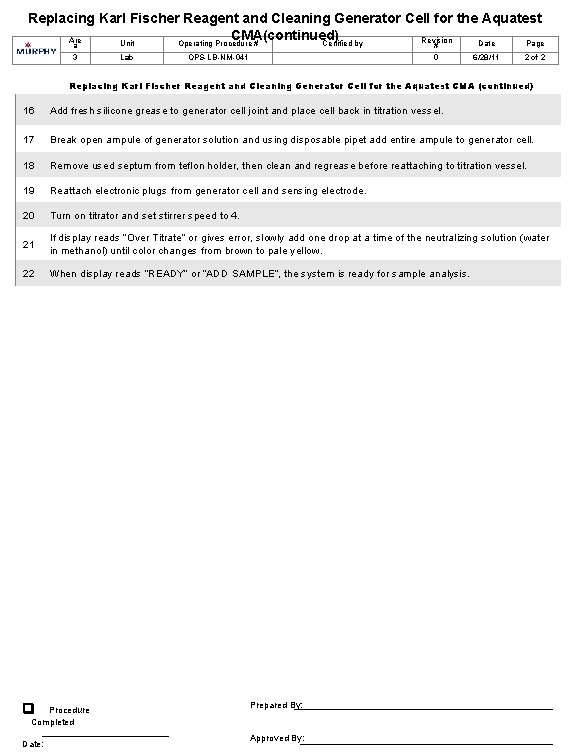 Replacing Karl Fischer Reagent and Cleaning Generator Cell for the Aquatest CMA(continued) Are Revision