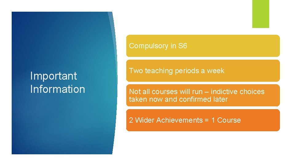 Compulsory in S 6 Important Information Two teaching periods a week Not all courses