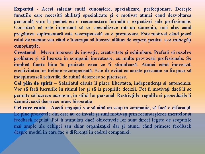 Expertul - Acest salariat caută cunoaștere, specializare, perfecționare. Dorește funcțiile care necesită abilități specializate