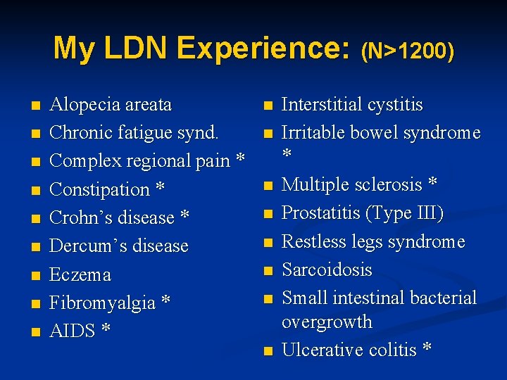 My LDN Experience: (N>1200) n n n n n Alopecia areata Chronic fatigue synd.