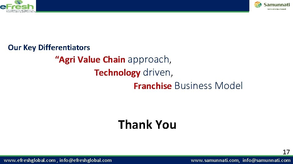 Our Key Differentiators “Agri Value Chain approach, Technology driven, Franchise Business Model Thank You