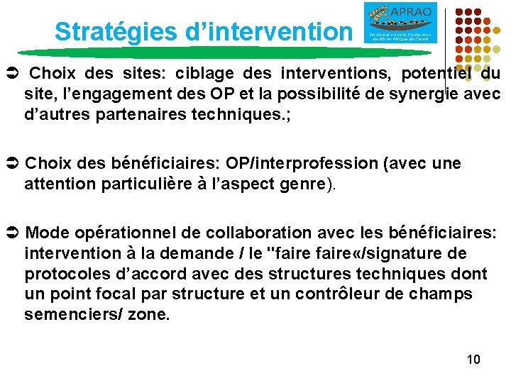 Stratégies d’intervention Choix des sites: ciblage des interventions, potentiel du site, l’engagement des OP