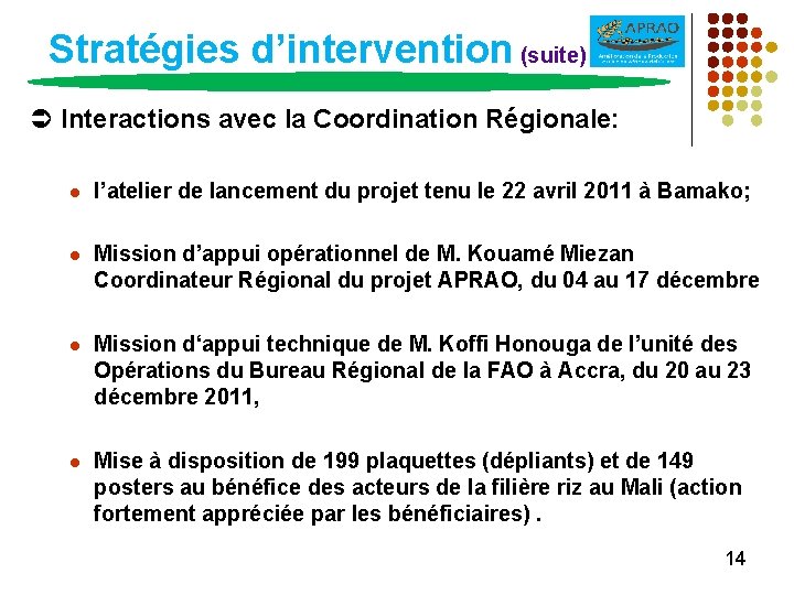 Stratégies d’intervention (suite) Interactions avec la Coordination Régionale: l l’atelier de lancement du projet