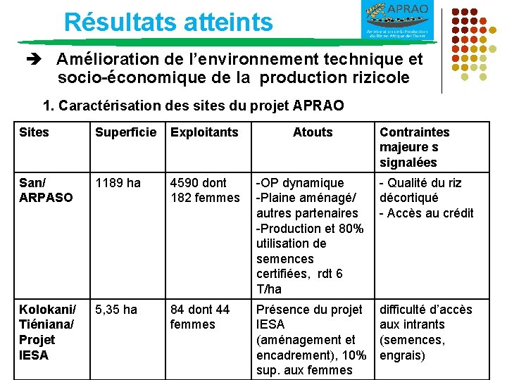 Résultats atteints Amélioration de l’environnement technique et socio-économique de la production rizicole 1. Caractérisation