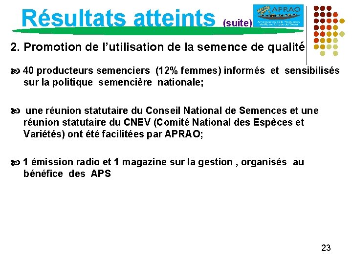 Résultats atteints (suite) 2. Promotion de l’utilisation de la semence de qualité 40 producteurs