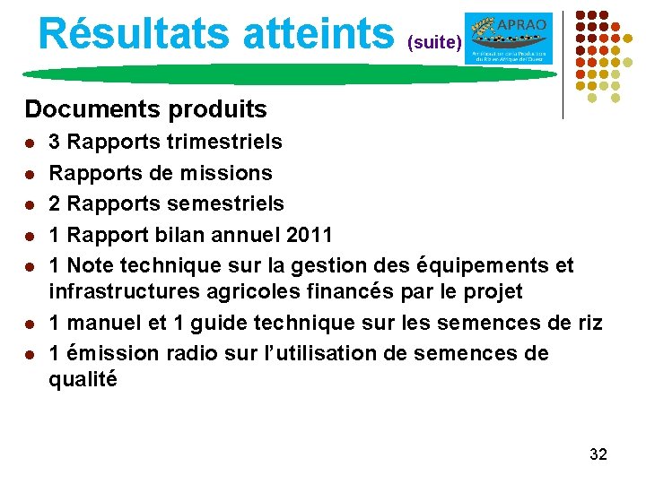 Résultats atteints (suite) Documents produits l l l l 3 Rapports trimestriels Rapports de