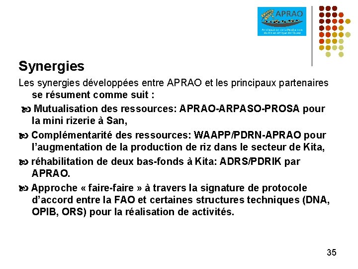 Synergies Les synergies développées entre APRAO et les principaux partenaires se résument comme suit