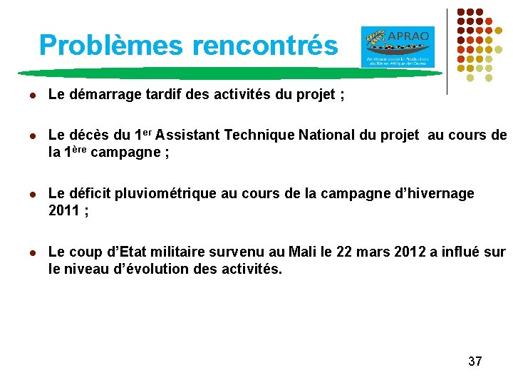 Problèmes rencontrés l Le démarrage tardif des activités du projet ; l Le décès