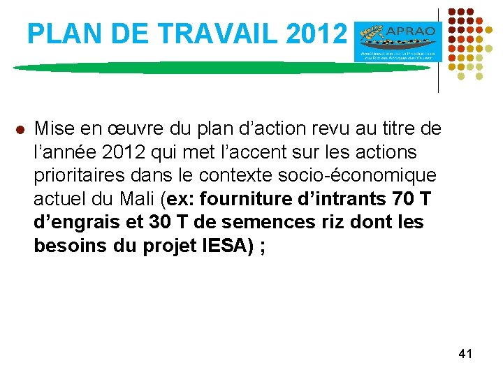 PLAN DE TRAVAIL 2012 l Mise en œuvre du plan d’action revu au titre