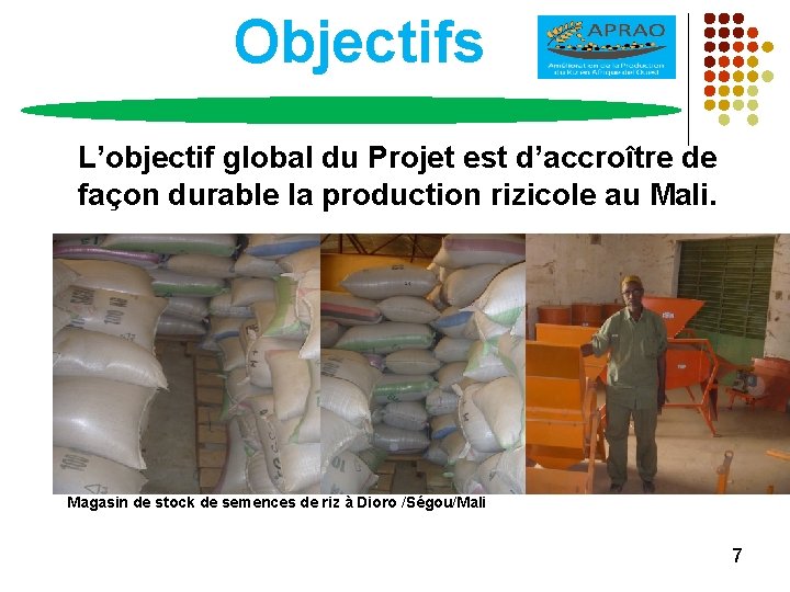 Objectifs L’objectif global du Projet est d’accroître de façon durable la production rizicole au