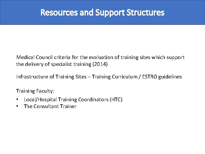 Resources and Support Structures Medical Council criteria for the evaluation of training sites which