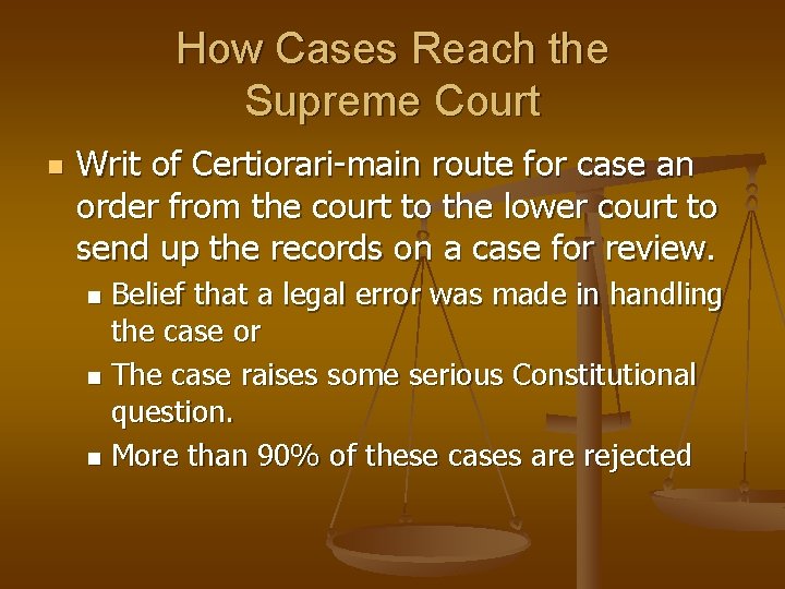 How Cases Reach the Supreme Court n Writ of Certiorari-main route for case an