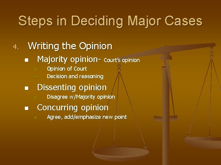 Steps in Deciding Major Cases 4. Writing the Opinion Majority opinion- Court’s opinion n