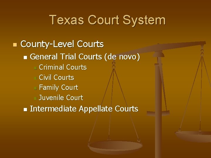 Texas Court System n County-Level Courts n General Trial Courts (de novo) Criminal Courts