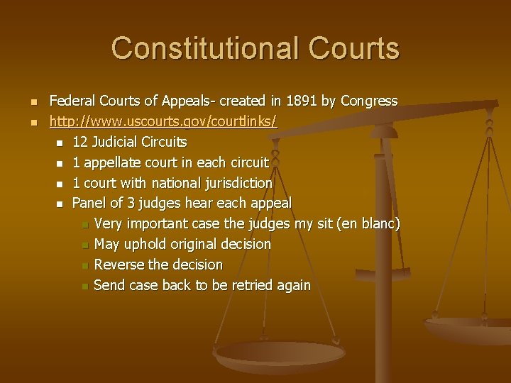 Constitutional Courts n n Federal Courts of Appeals- created in 1891 by Congress http: