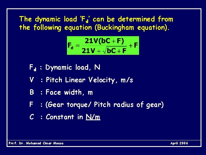 The dynamic load ‘Fd’ can be determined from the following equation (Buckingham equation). Fd