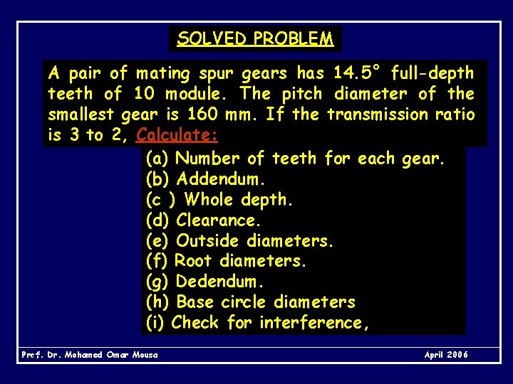 SOLVED PROBLEM A pair of mating spur gears has 14. 5° full-depth teeth of