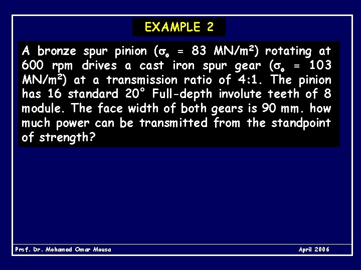 EXAMPLE 2 A bronze spur pinion ( o = 83 MN/m 2) rotating at