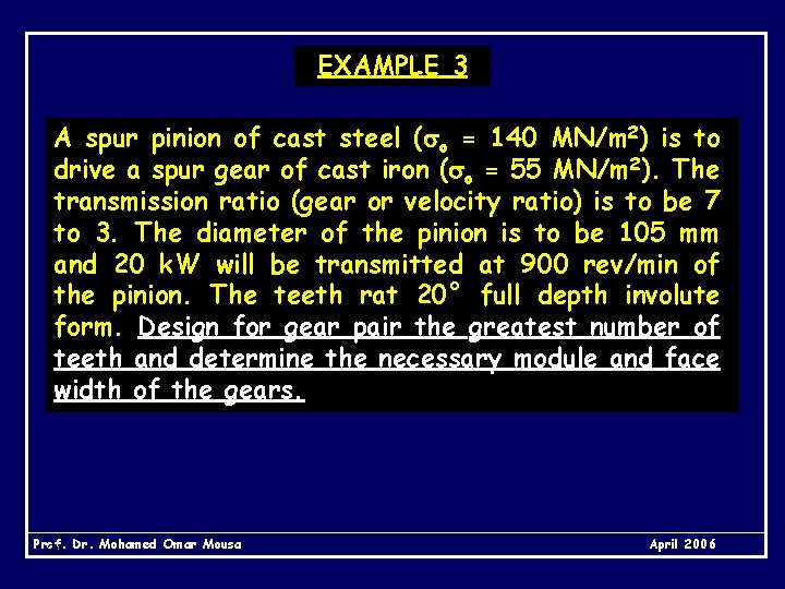 EXAMPLE 3 A spur pinion of cast steel ( o = 140 MN/m 2)