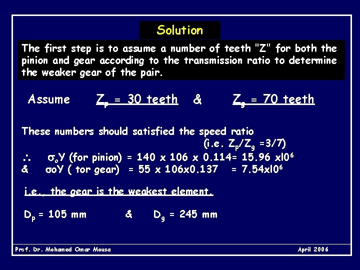 Solution The first step is to assume a number of teeth "Z" for both