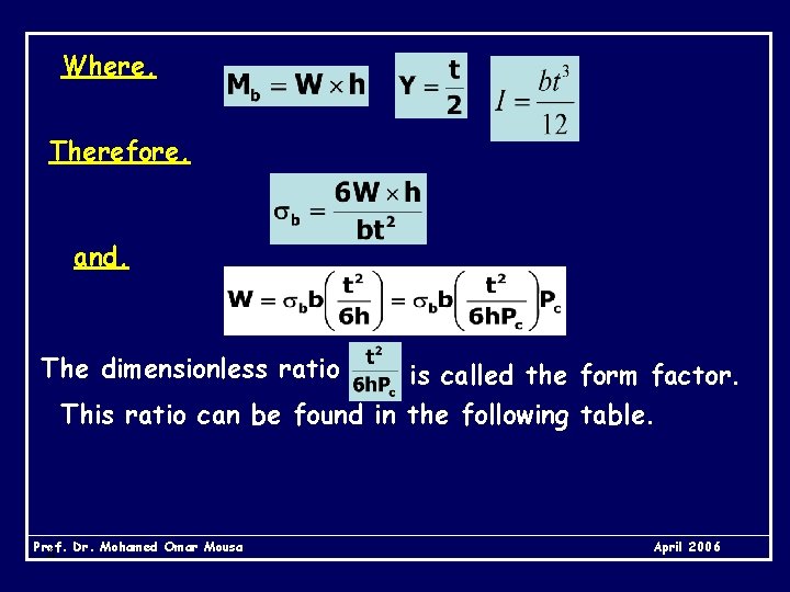 Where, Therefore, and, The dimensionless ratio is called the form factor. This ratio can