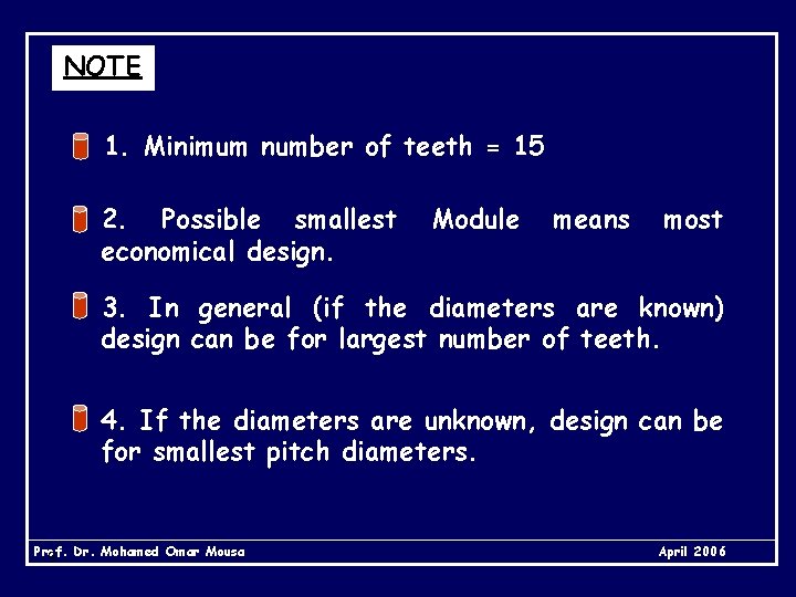 NOTE 1. Minimum number of teeth = 15 2. Possible smallest economical design. Module