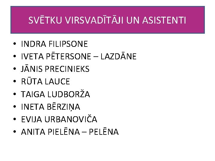 SVĒTKU VIRSVADĪTĀJI UN ASISTENTI • • INDRA FILIPSONE IVETA PĒTERSONE – LAZDĀNE JĀNIS PRECINIEKS