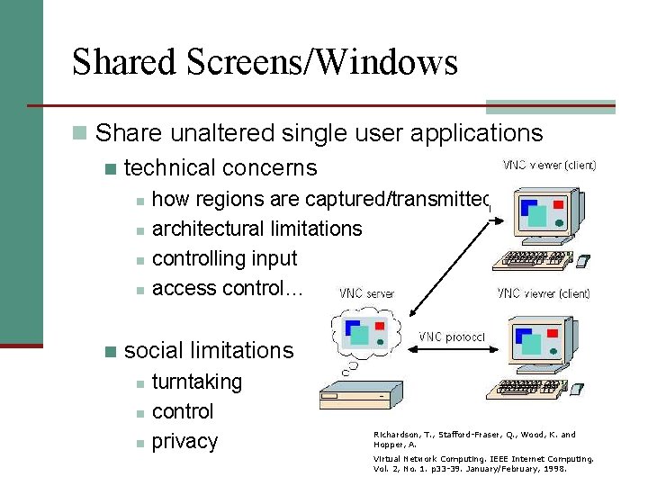 Shared Screens/Windows n Share unaltered single user applications n technical concerns n n n