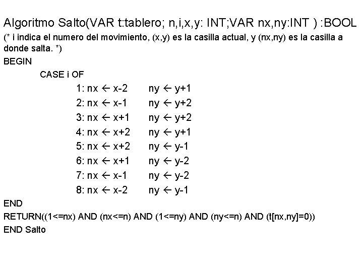 Algoritmo Salto(VAR t: tablero; n, i, x, y: INT; VAR nx, ny: INT )